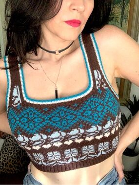 2/$30 Vintage Moda International Brown and Teal Fair Isle Knit Tank